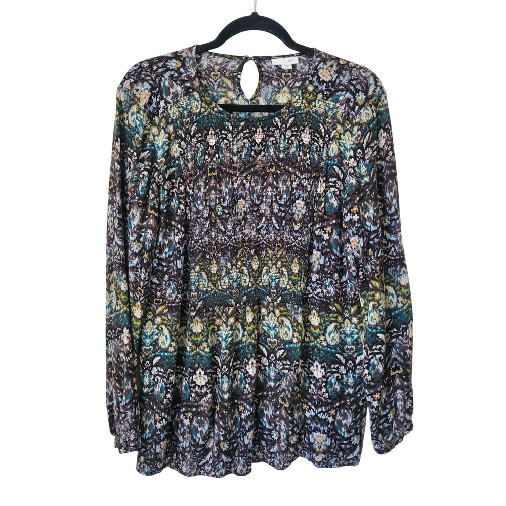 J. Jill Women Paisley Smocked Rayon Blouse Long Sleeve Tunic Top Medium
